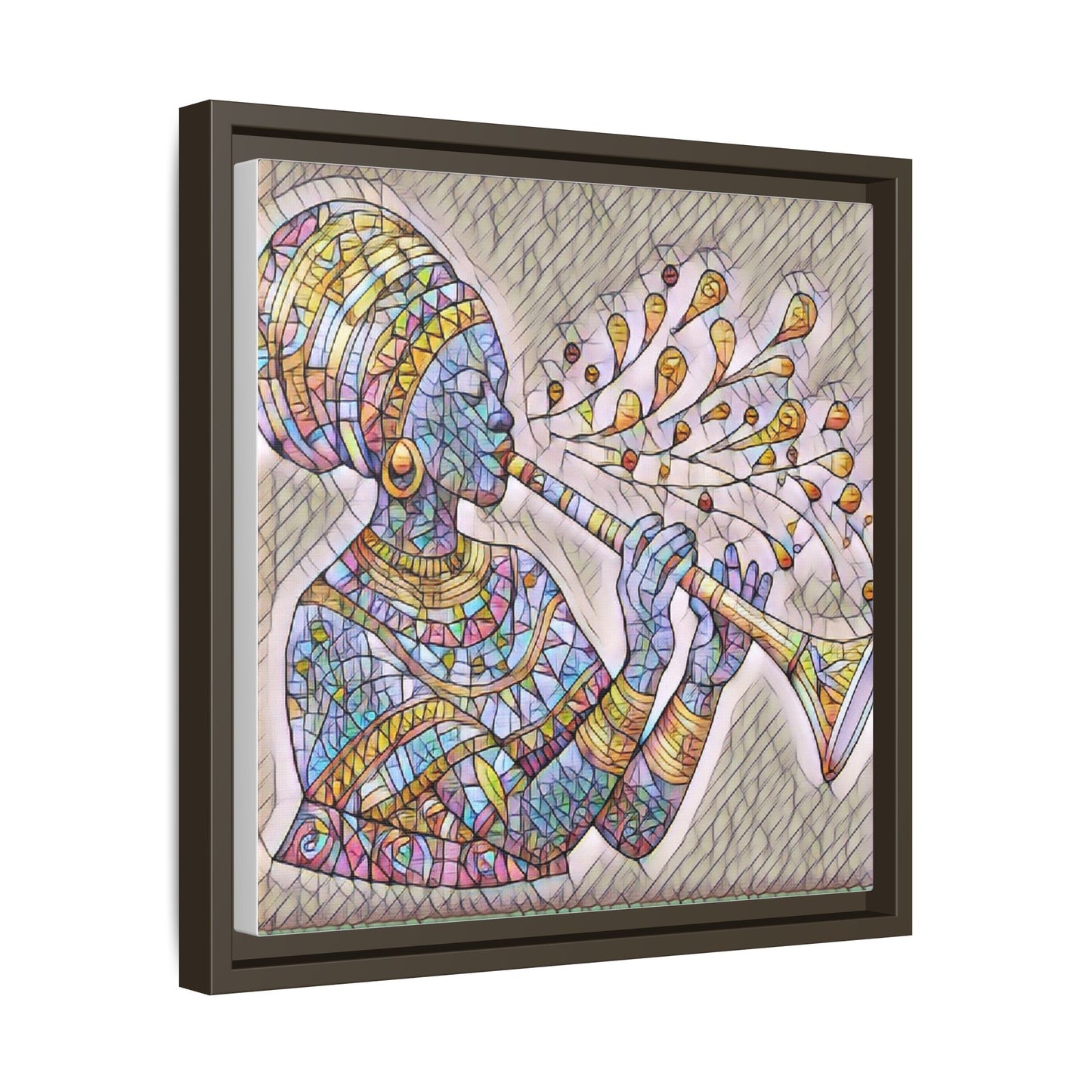 Framed Matte Canvas Art – Colorful African Musician Trumpet Print