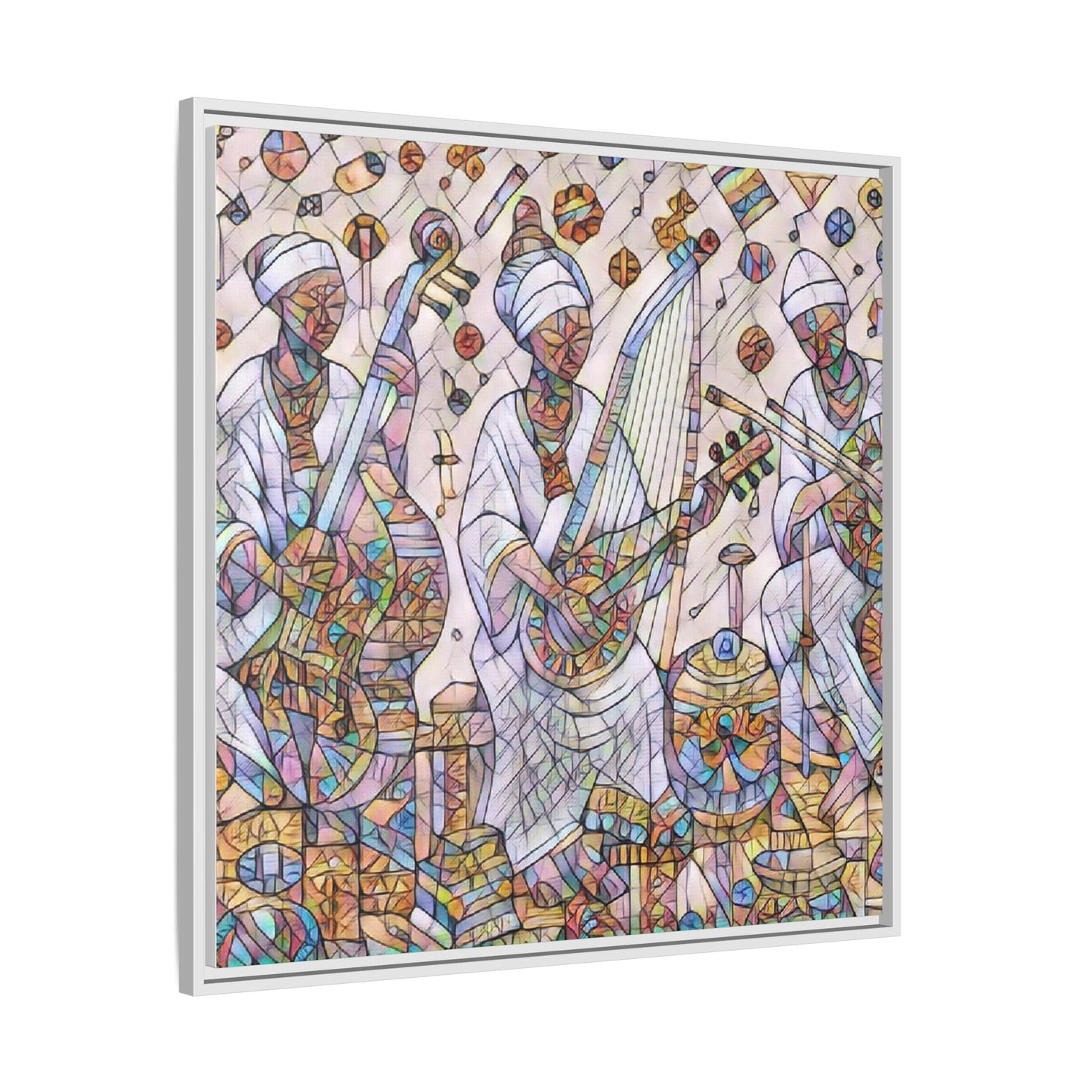 Framed Matte Canvas Print — Colorful African Musicians Stained-Glass Art
