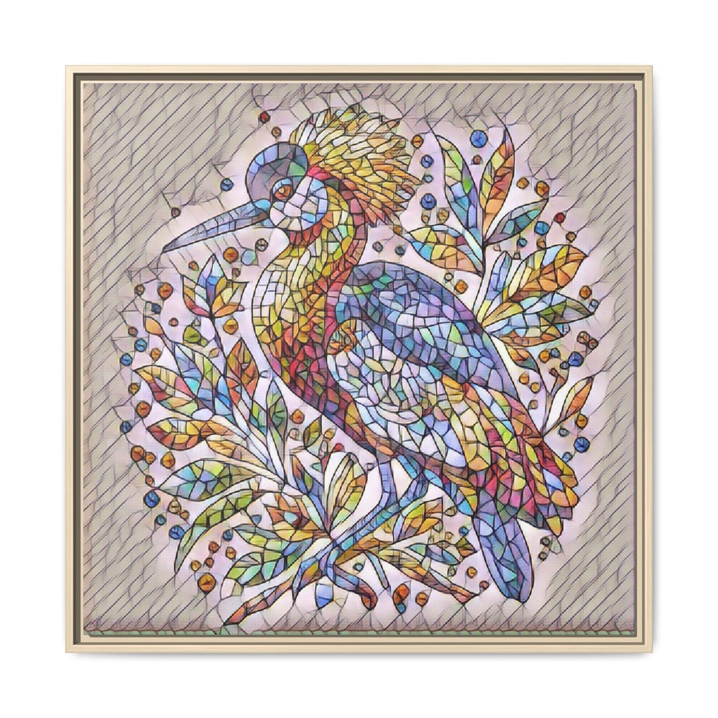 Colorful Stained-Glass Heron — Framed Matte Canvas Wall Art