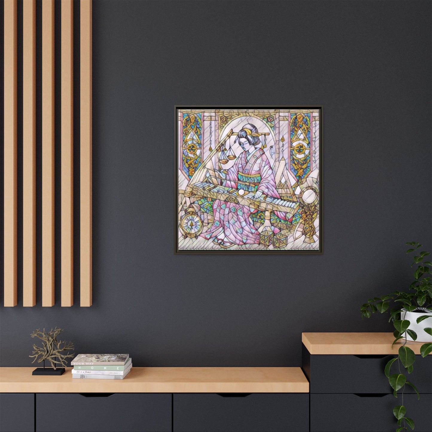 Framed Matte Canvas — Geisha Harp Stained-Glass Art Print