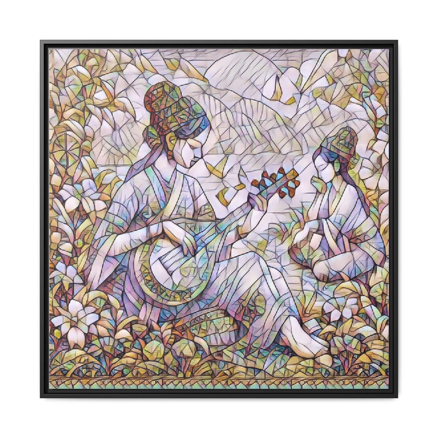 Framed Matte Canvas Art - Vintage Asian Musicians Floral Illustration
