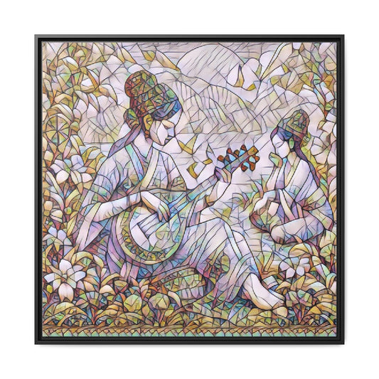 Framed Matte Canvas Art - Vintage Asian Musicians Floral Illustration