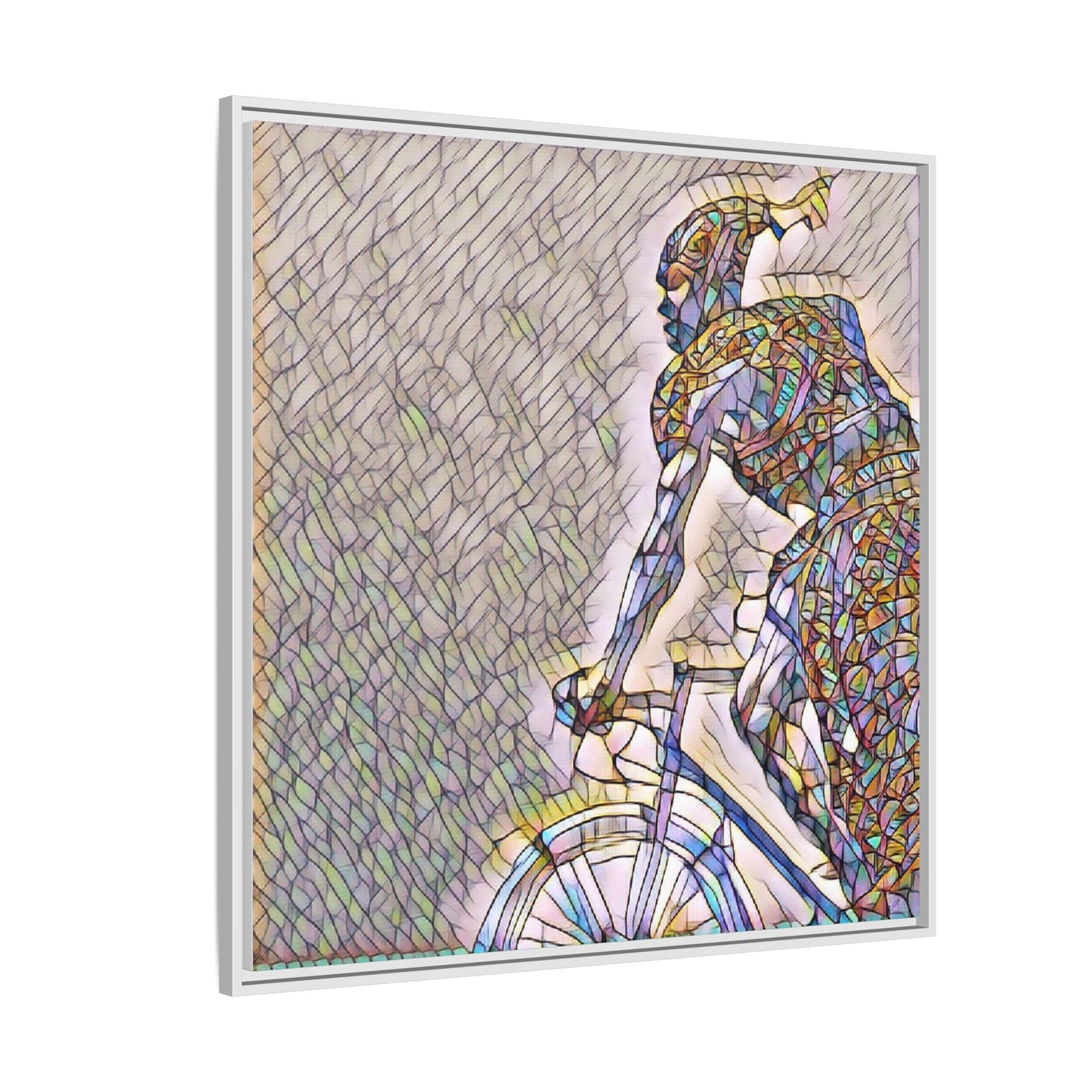 Cyclist Mosaic Matte Canvas Print — Framed Multicolor Bike Art