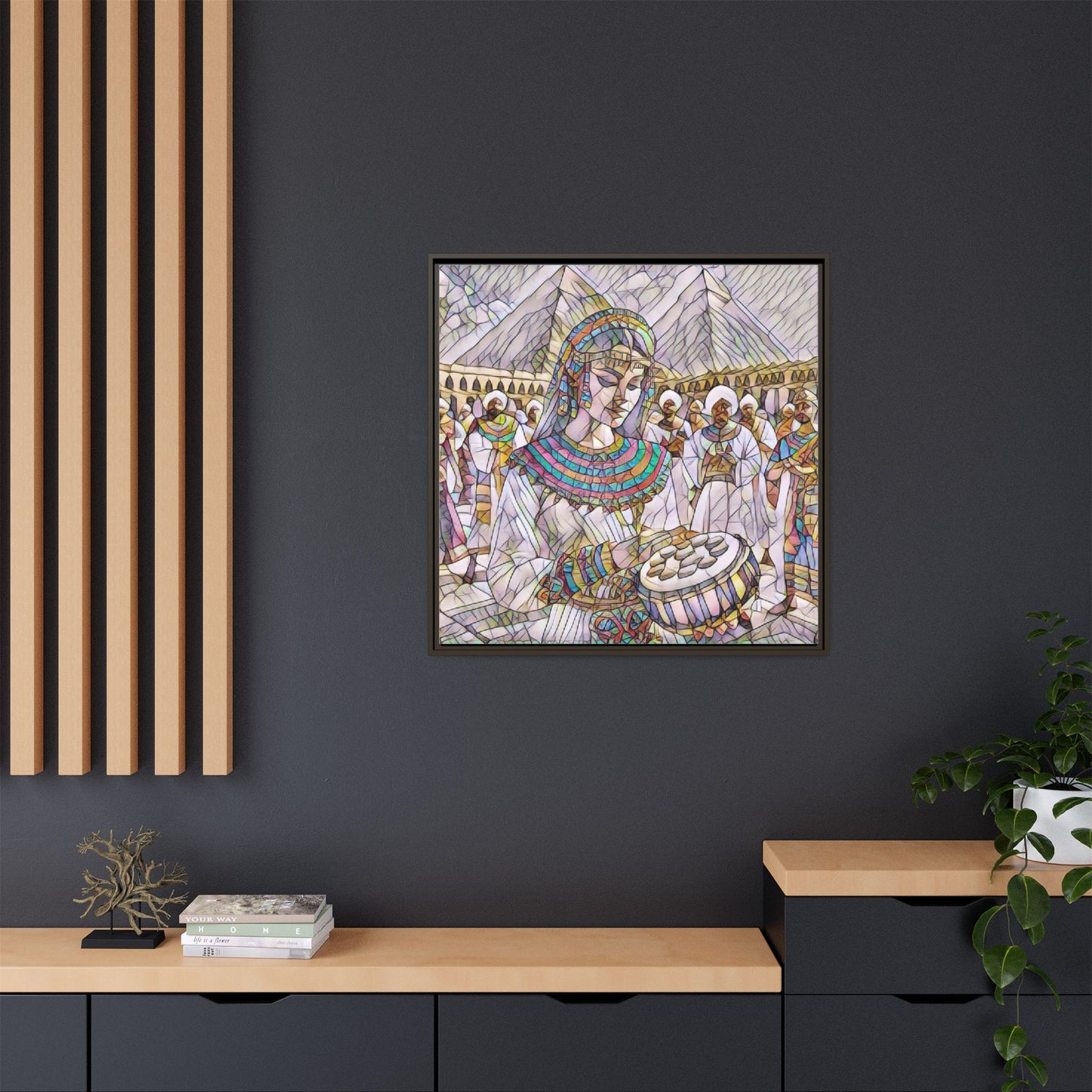 Egyptian Drum Player Framed Canvas Art — Colorful Ancient Scene Wall Decor