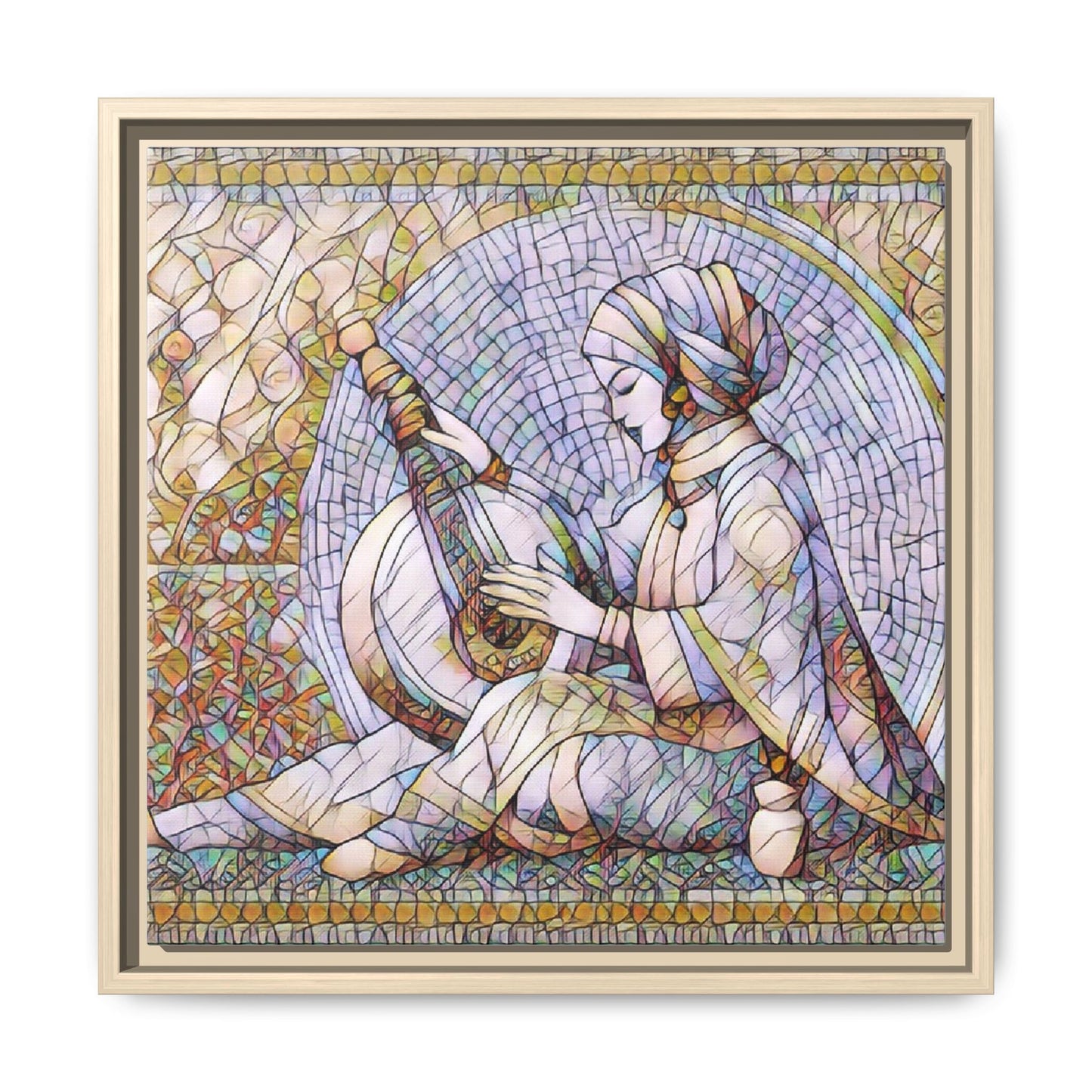 Framed Matte Canvas: Mosaic Lute Player Wall Art — Bohemian Musical Portrait