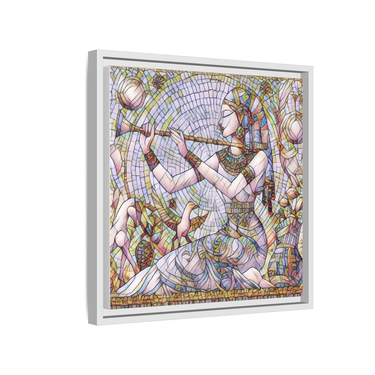 Egyptian Flute Player Framed Canvas Art — Colorful Mosaic Wall Decor