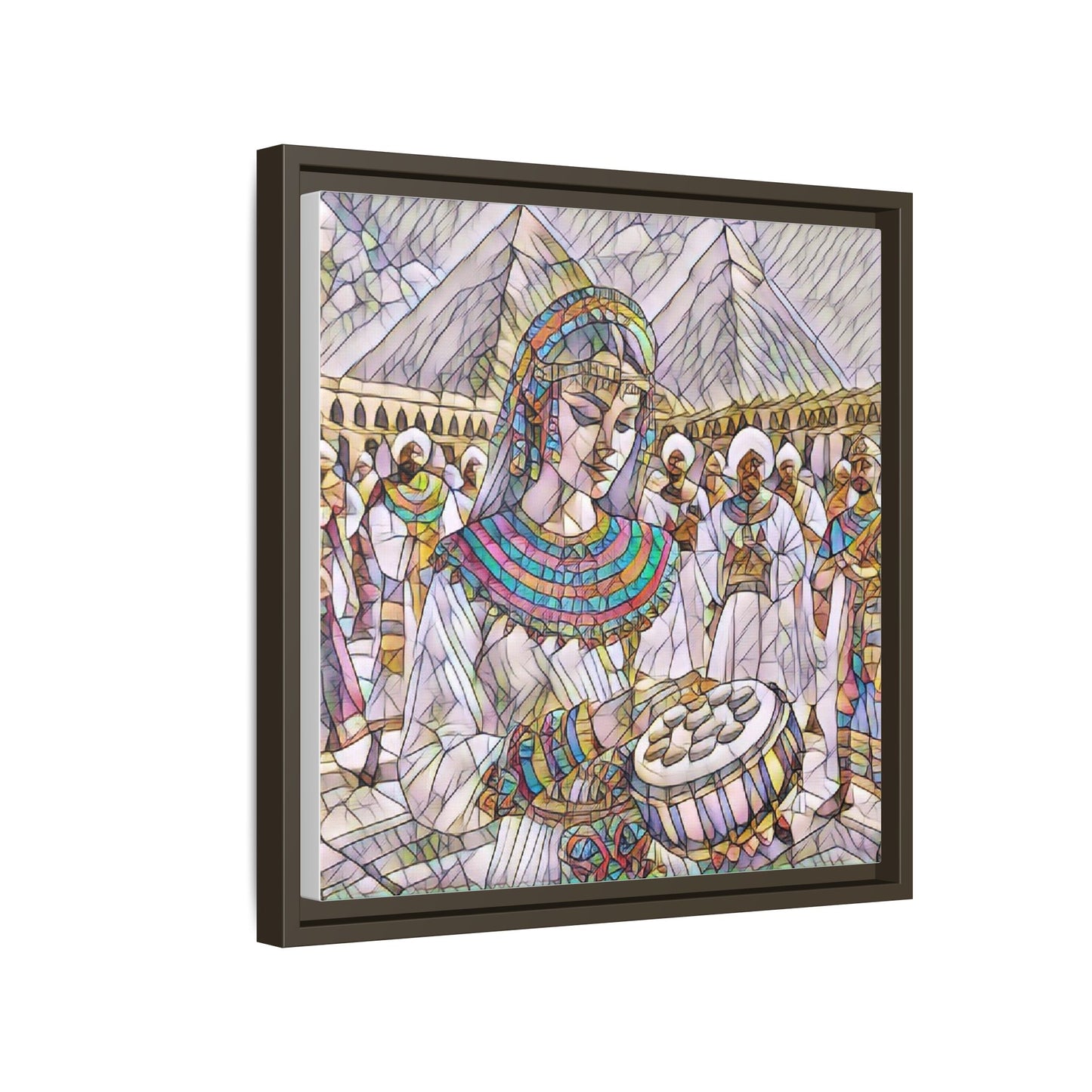 Egyptian Drum Player Framed Canvas Art — Colorful Ancient Scene Wall Decor