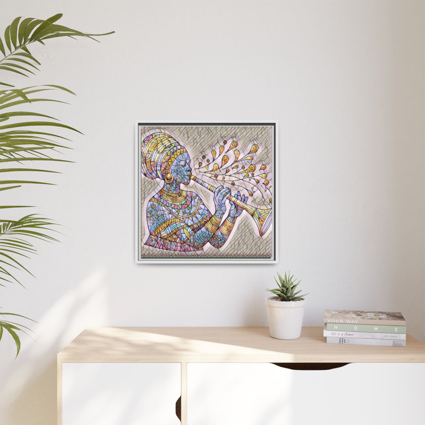Framed Matte Canvas Art – Colorful African Musician Trumpet Print