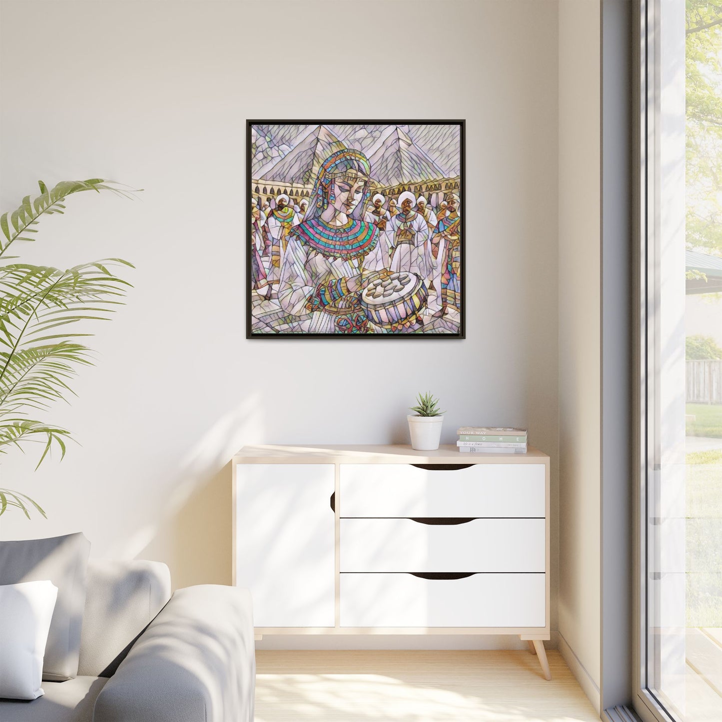 Egyptian Drum Player Framed Canvas Art — Colorful Ancient Scene Wall Decor