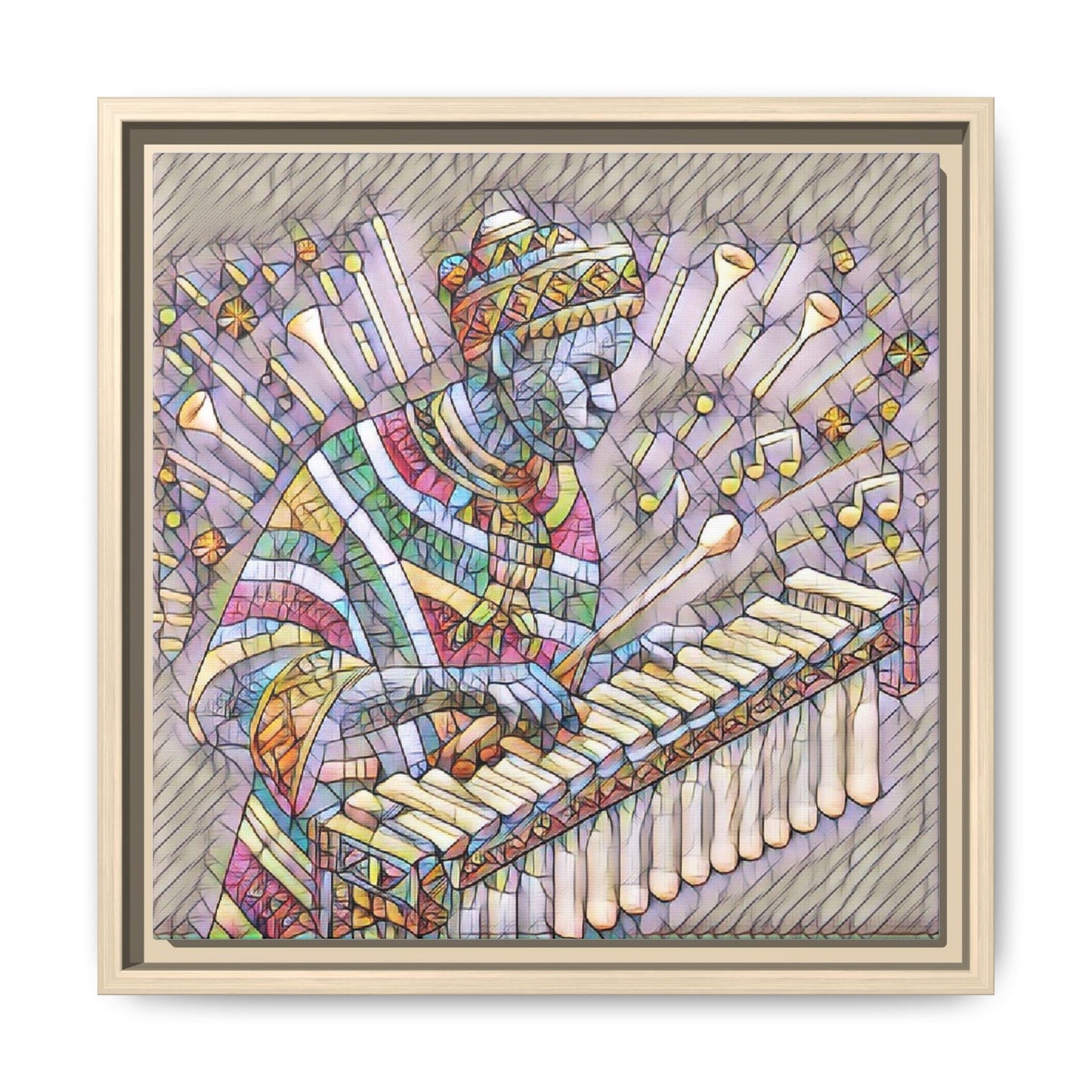 Colorful Marimba Musician Matte Framed Canvas — Vibrant African Instrument Wall Art
