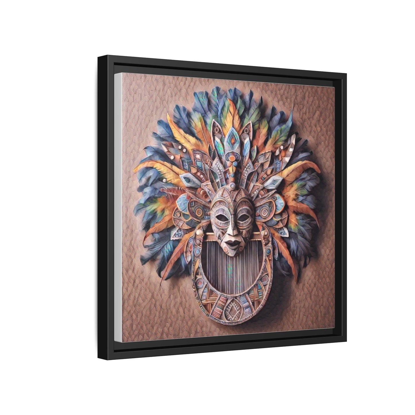 Tribal Feather Mask Framed Canvas Wall Art — Colorful Boho Decorative Print