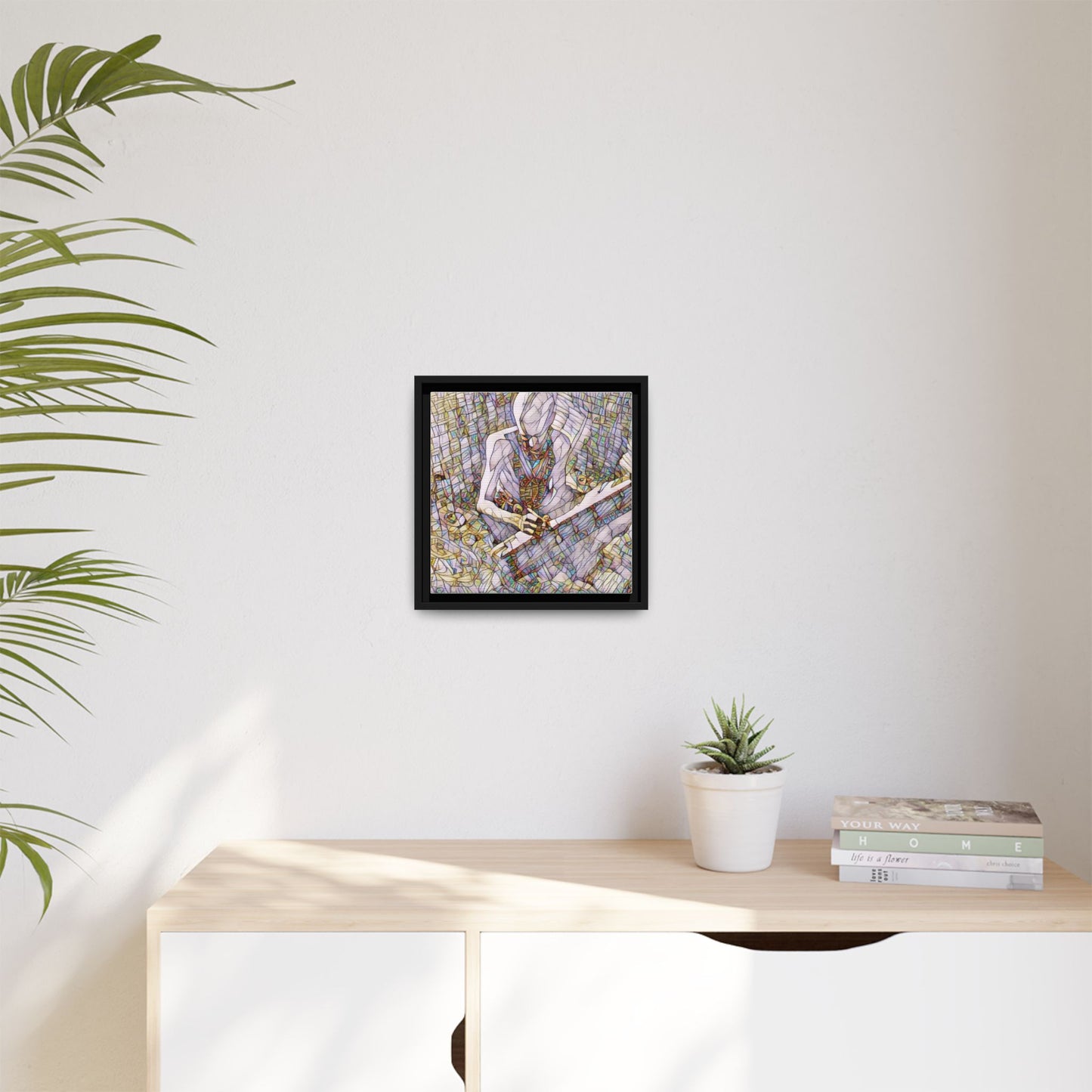 Abstract Fantasy Warrior Matte Framed Canvas — Colorful Stained-Glass Style Art