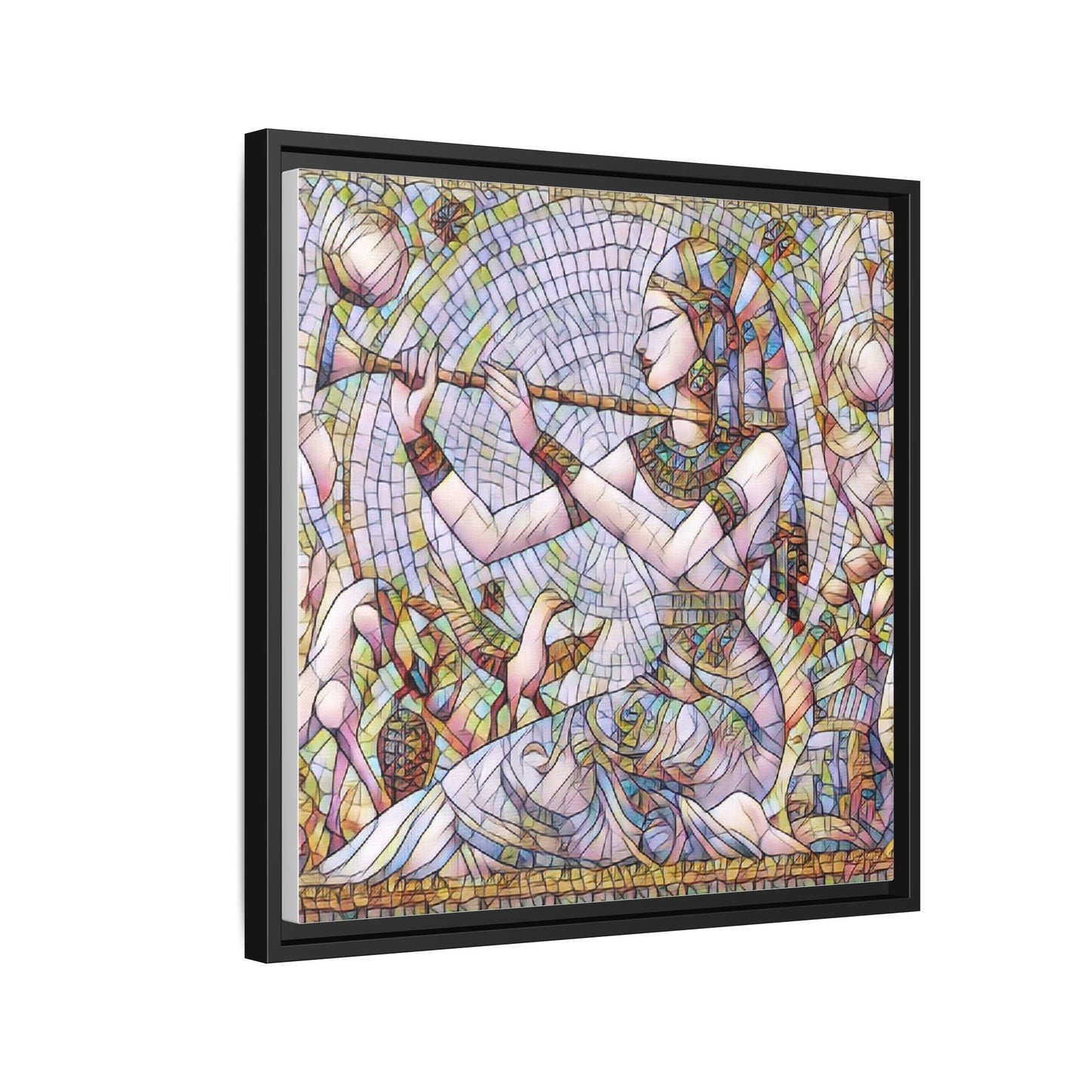Egyptian Flute Player Framed Canvas Art — Colorful Mosaic Wall Decor