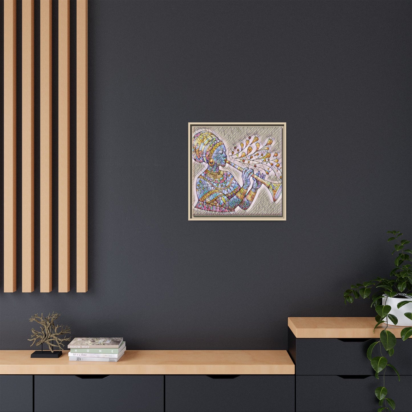 Framed Matte Canvas Art – Colorful African Musician Trumpet Print