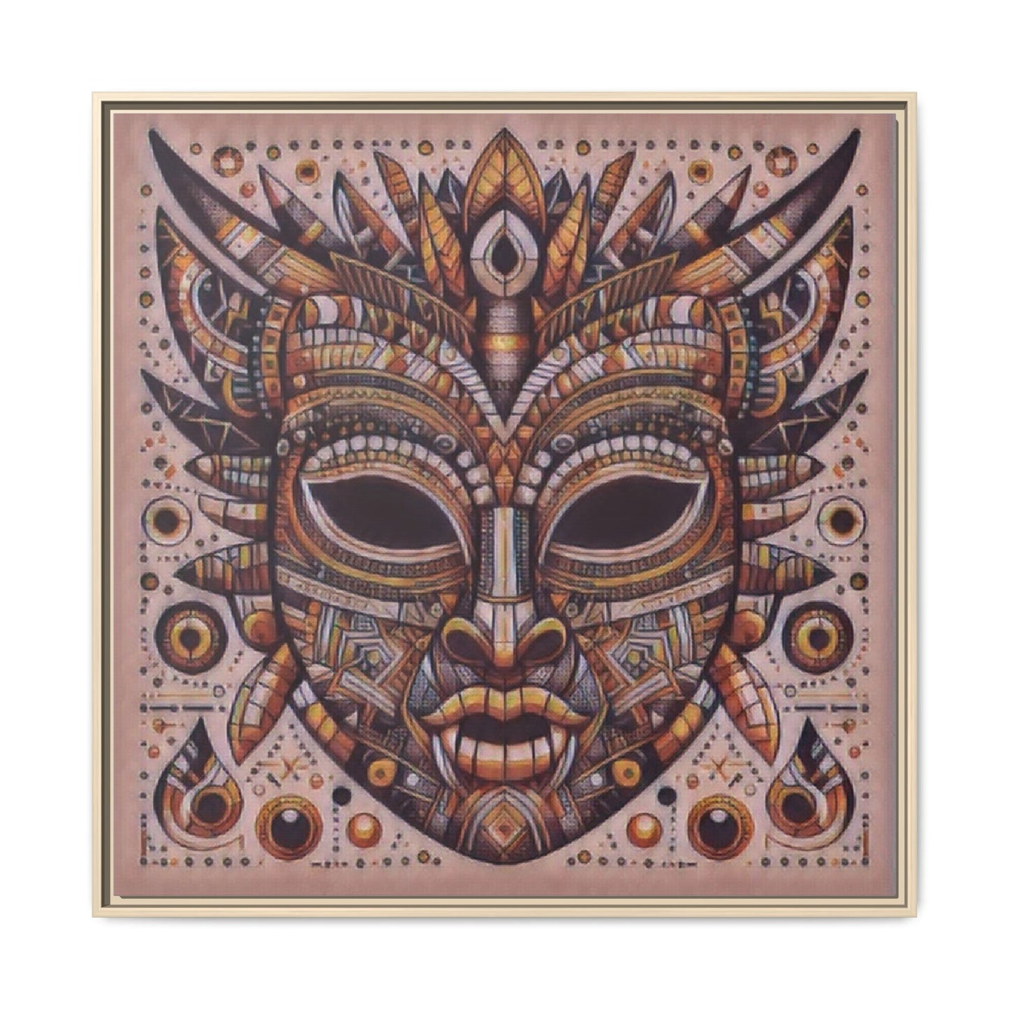 Tribal Mask Framed Canvas Art — Multicolor Matte Wall Decor