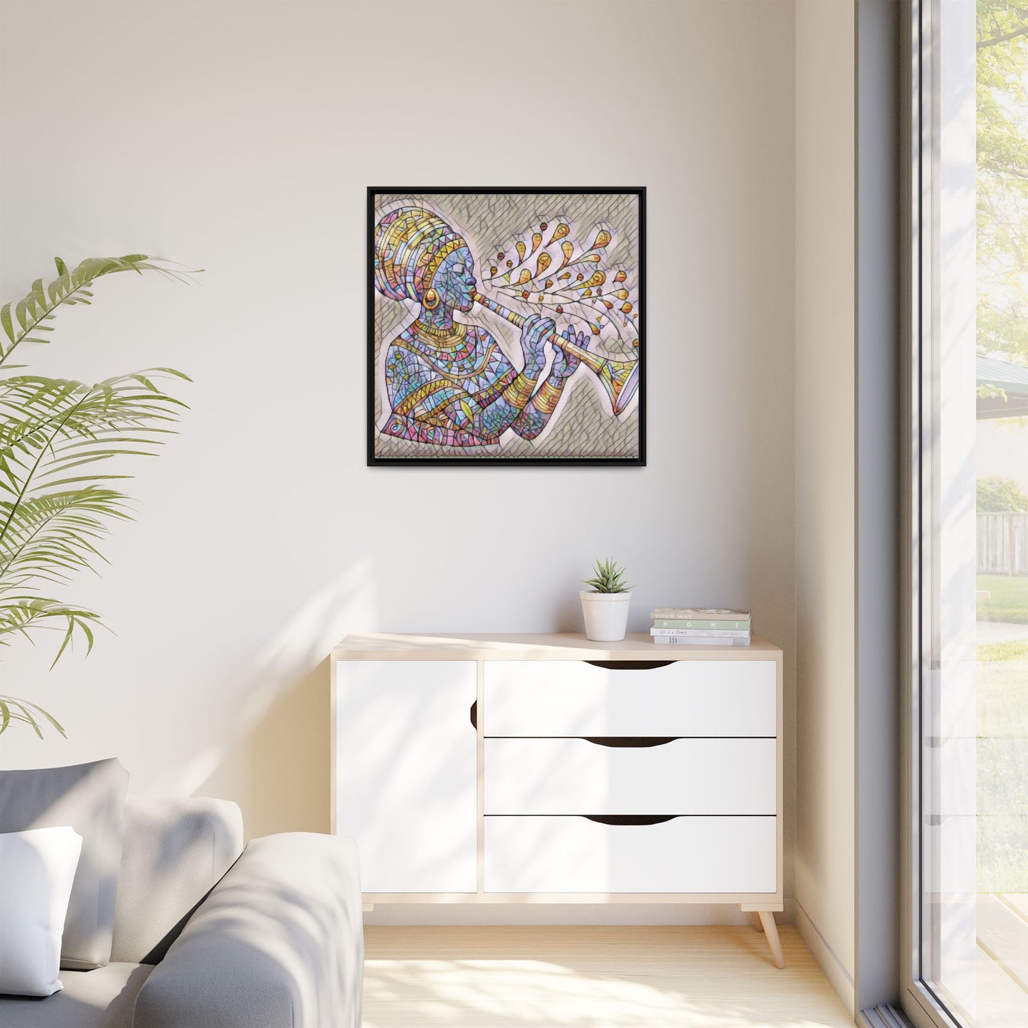 Framed Matte Canvas Art – Colorful African Musician Trumpet Print