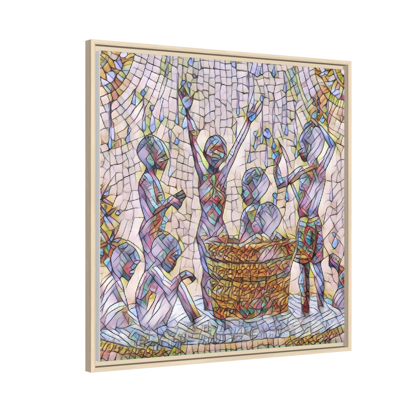 Framed Matte Canvas Art — Children Playing Mosaic Illustration