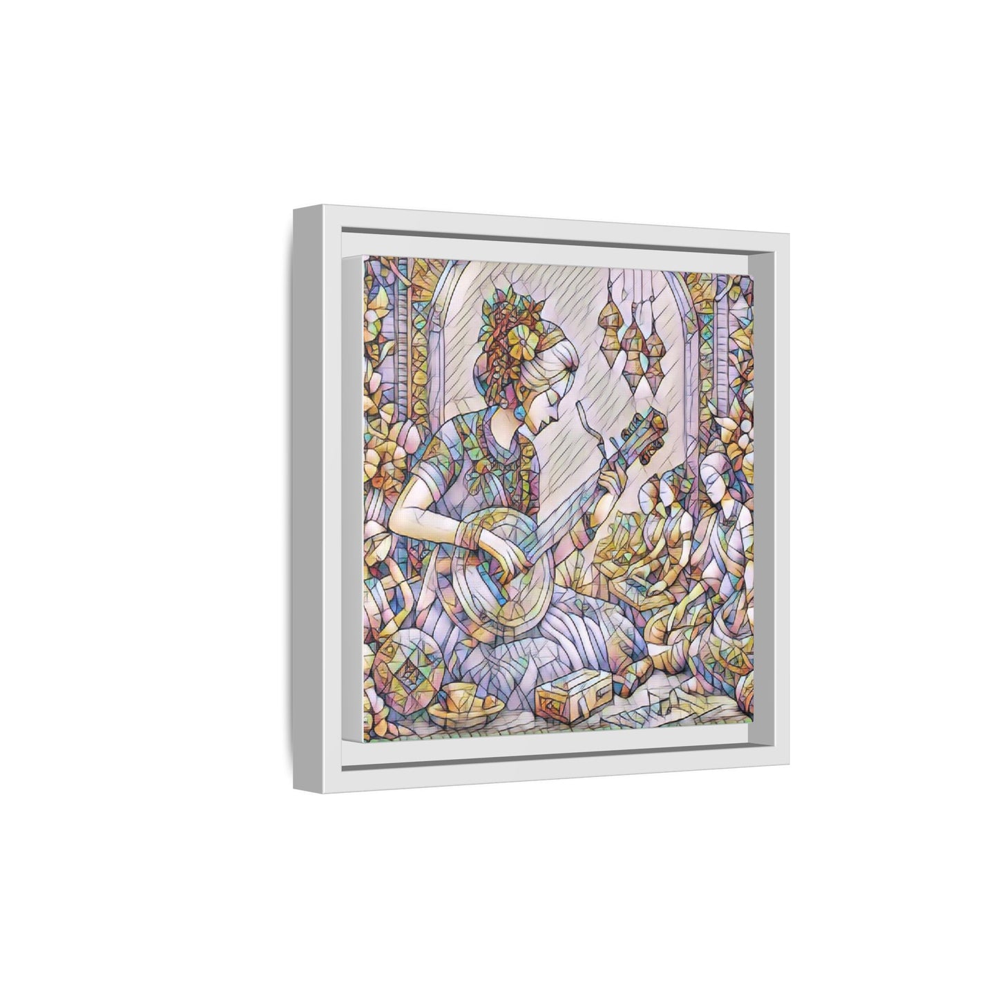 Framed Matte Canvas: Bohemian Woman Playing Lute — Stained-Glass Style Wall Art