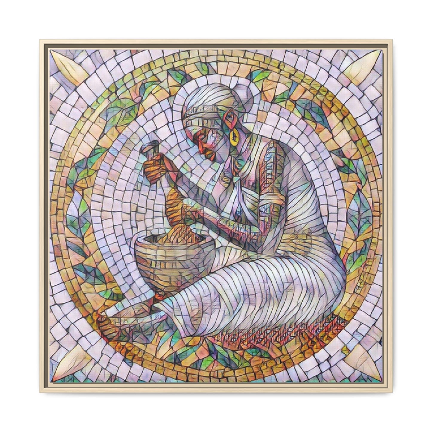 Framed Mosaic Art Print — Woman Grinding Grain (Matte Canvas)
