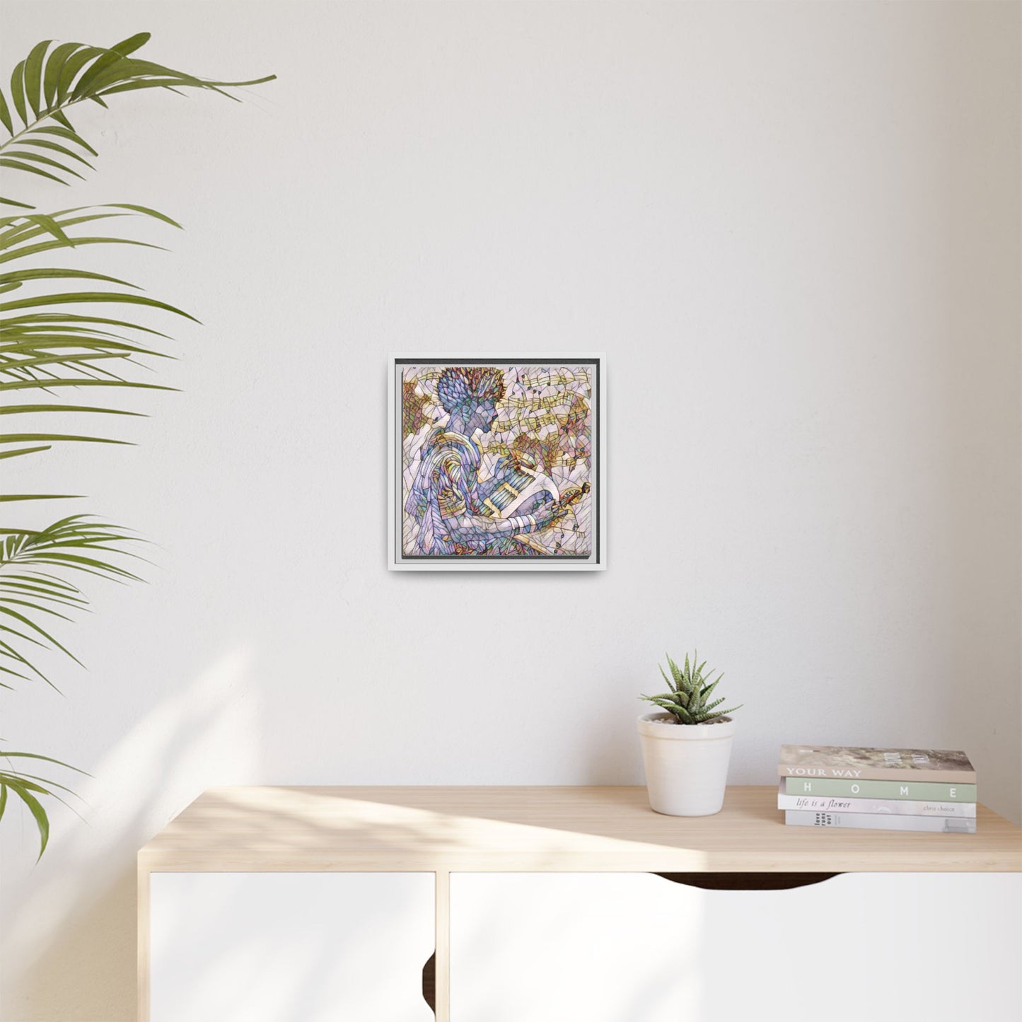 Abstract Jazz Musician Framed Canvas Art — Colorful Stained-Glass Style Wall Decor