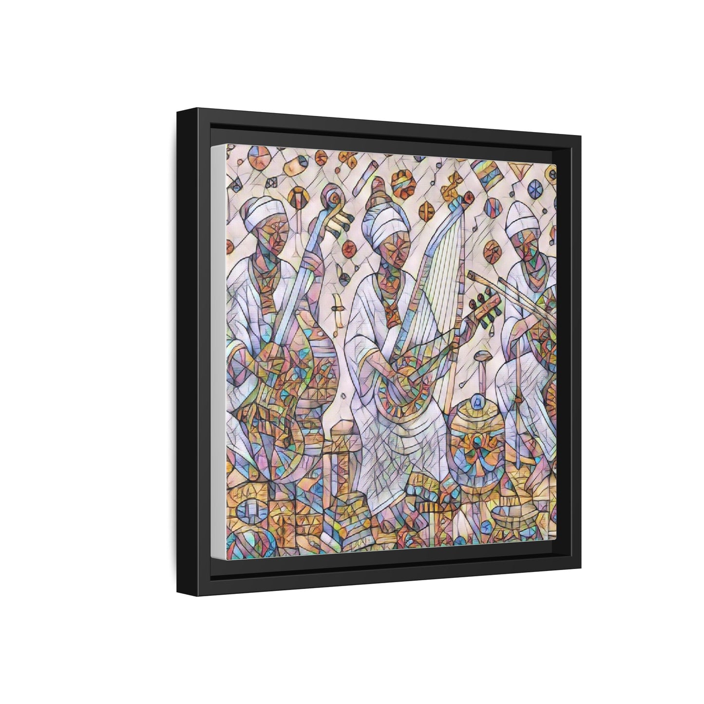 Framed Matte Canvas Print — Colorful African Musicians Stained-Glass Art