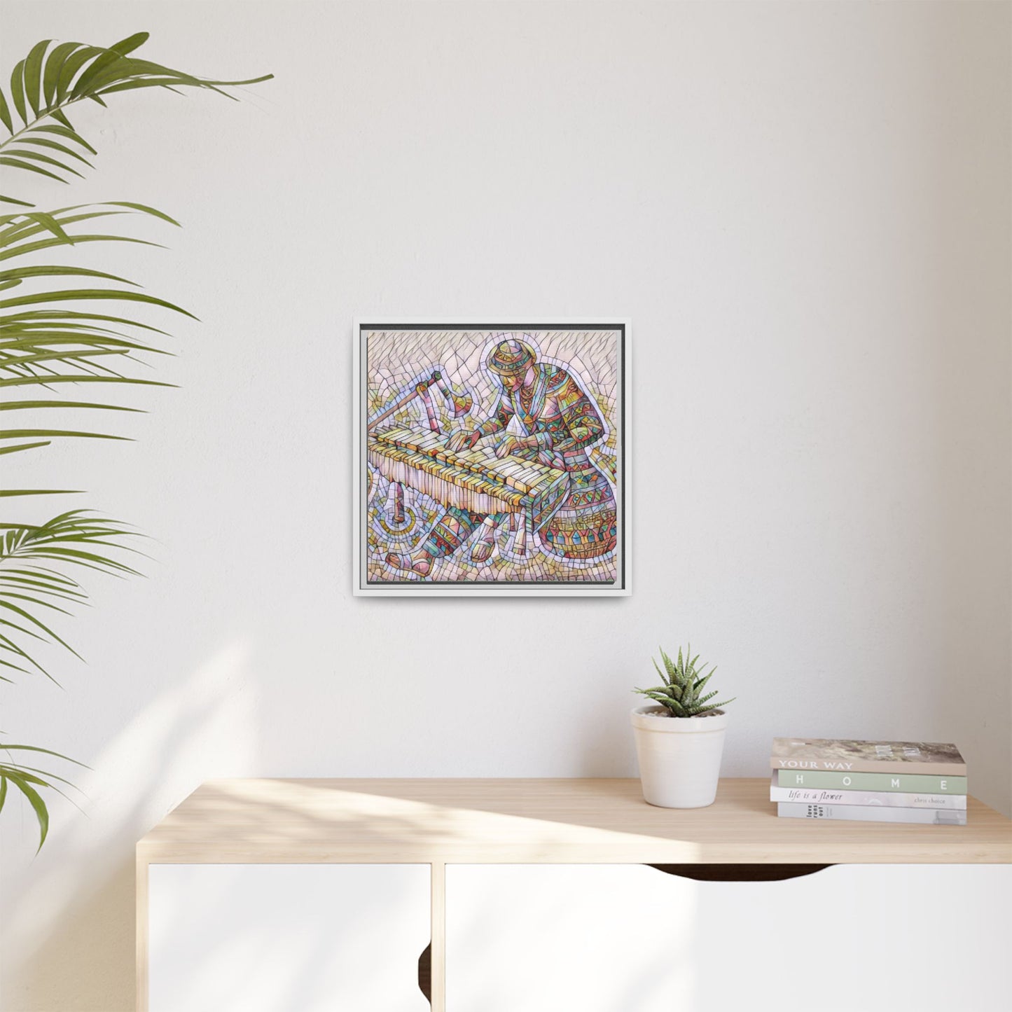 Framed Canvas Art - Colorful Mosaic Vibraphone Musician Print