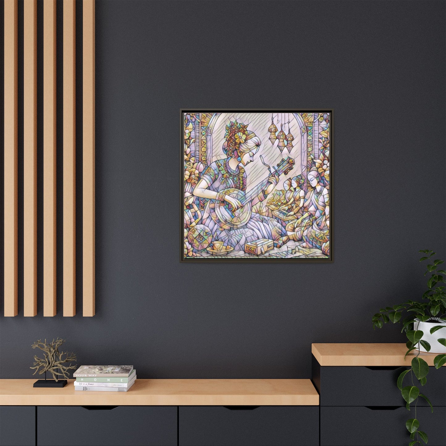 Framed Matte Canvas: Bohemian Woman Playing Lute — Stained-Glass Style Wall Art