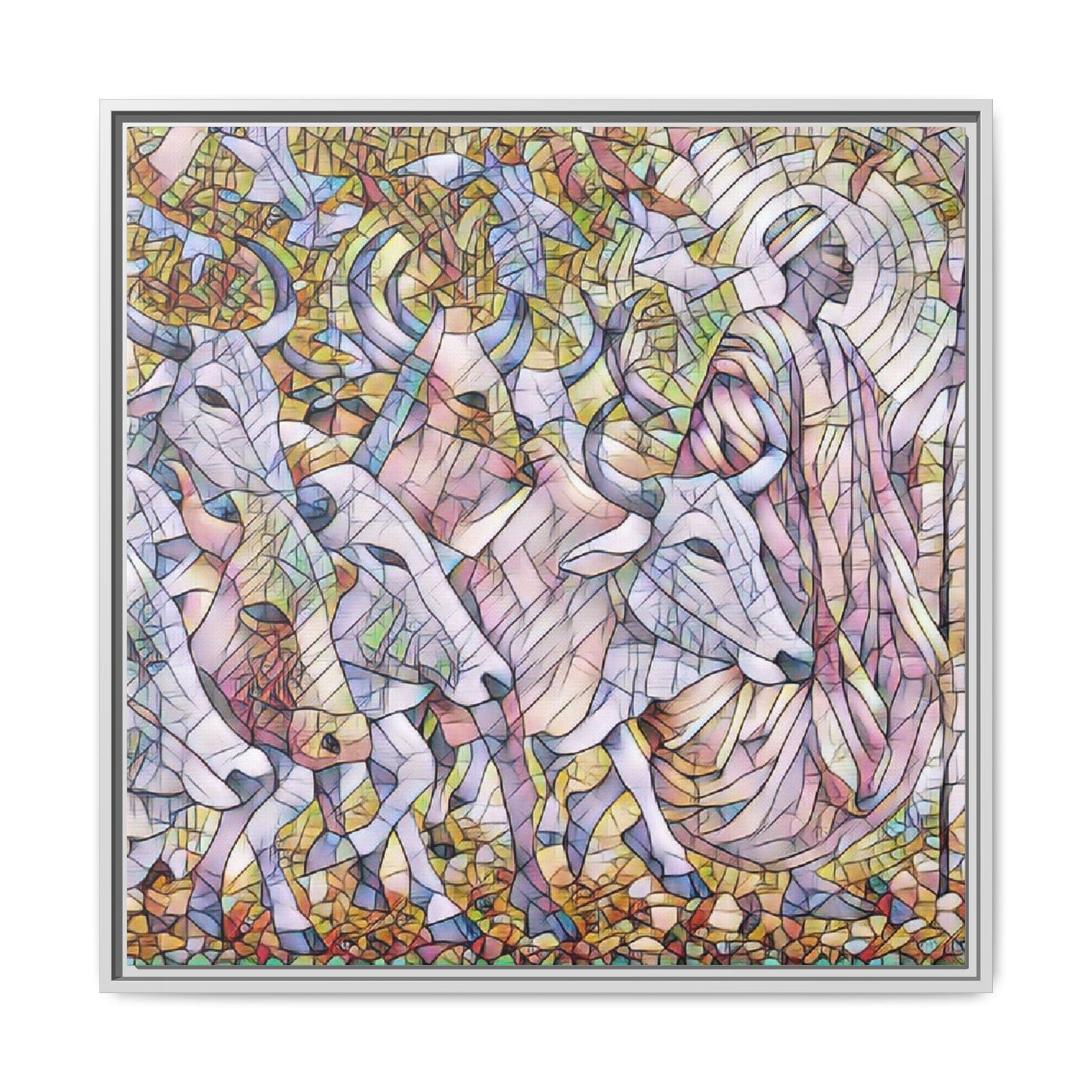 Framed Matte Canvas Art — Stained-Glass Style Cattle Herd
