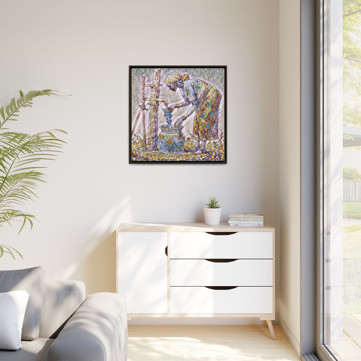 Framed Matte Canvas Art — Colorful Mosaic Woman at Well