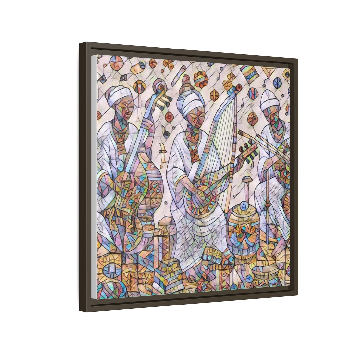 Framed Matte Canvas Print — Colorful African Musicians Stained-Glass Art