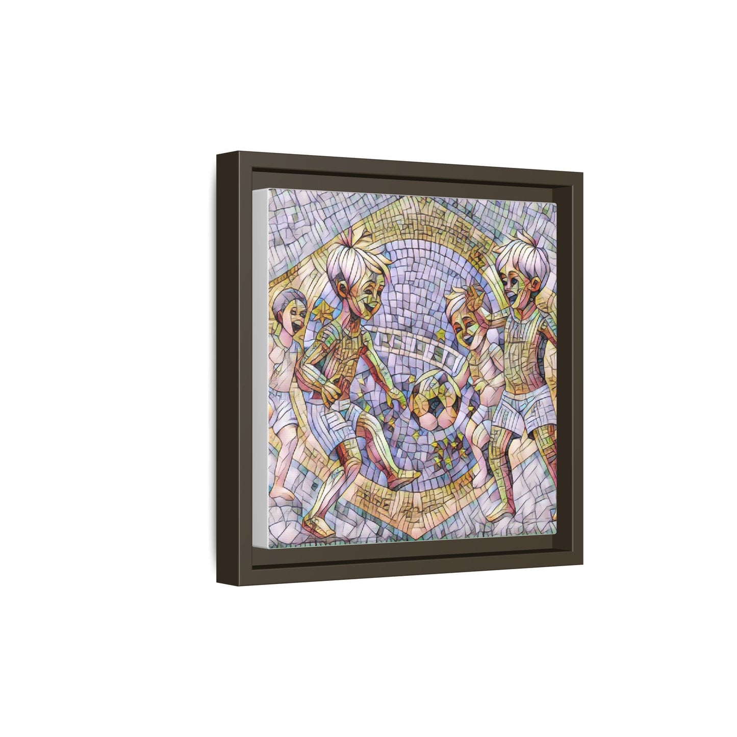 Framed Matte Canvas – Vintage Mosaic Kids Playing Soccer Art