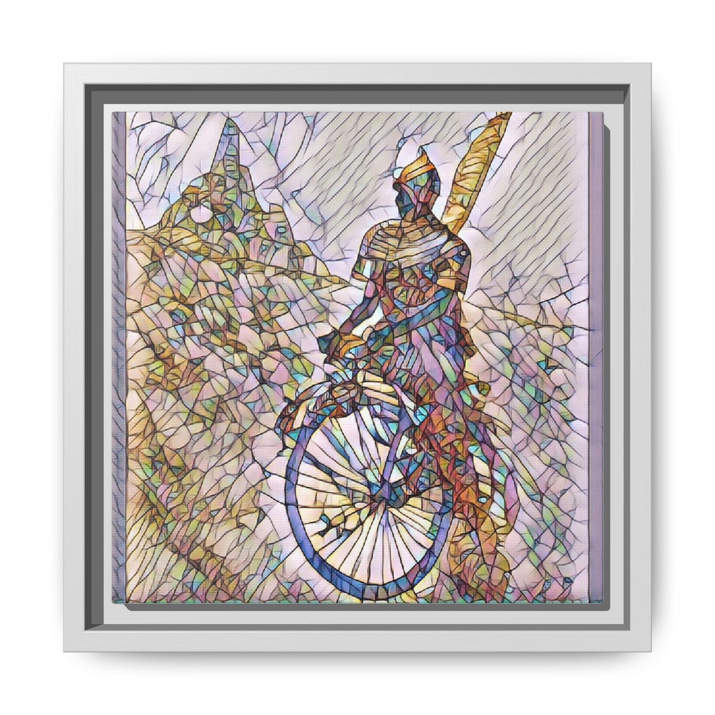Cyclist Stained Glass Art Print — Framed Matte Canvas