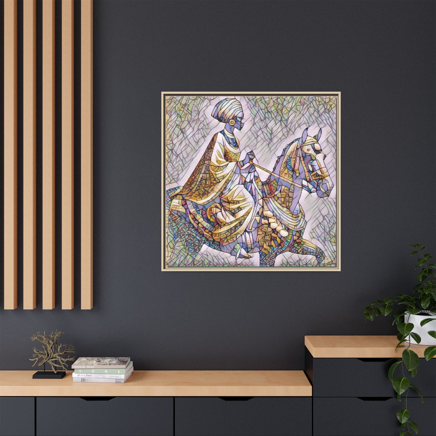 Mosaic Rider Framed Canvas Art — African Horsewoman Wall Decor
