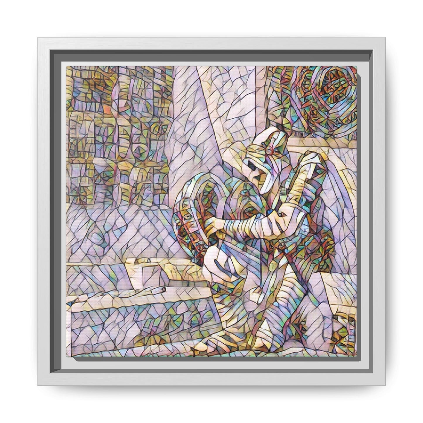 Framed Matte Canvas Art — Colorful Stained-Glass Astronaut Embrace