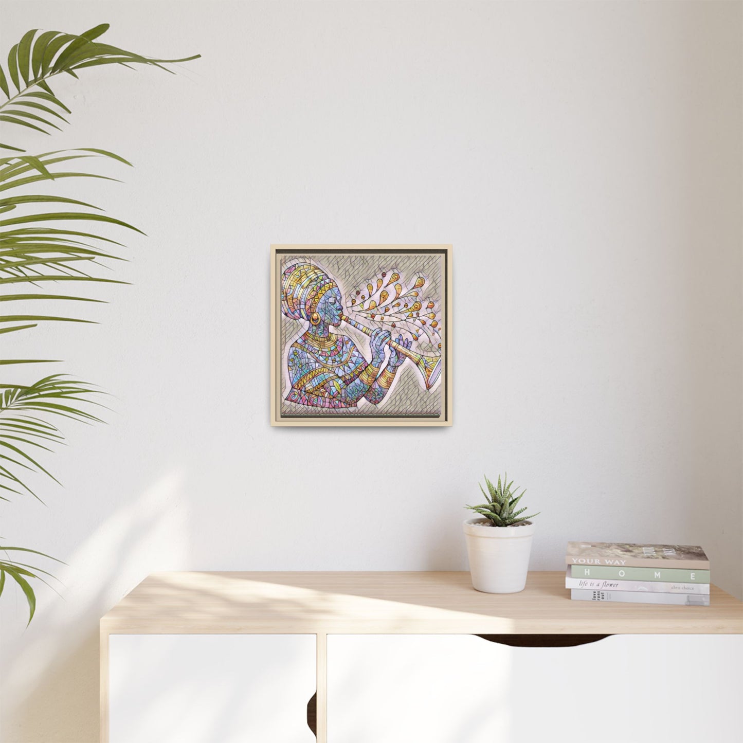 Framed Matte Canvas Art – Colorful African Musician Trumpet Print