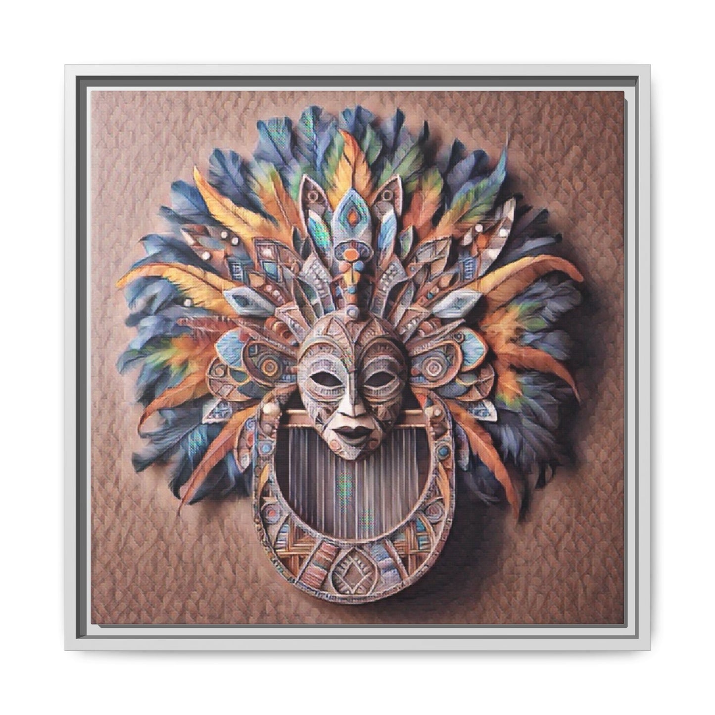 Tribal Feather Mask Framed Canvas Wall Art — Colorful Boho Decorative Print