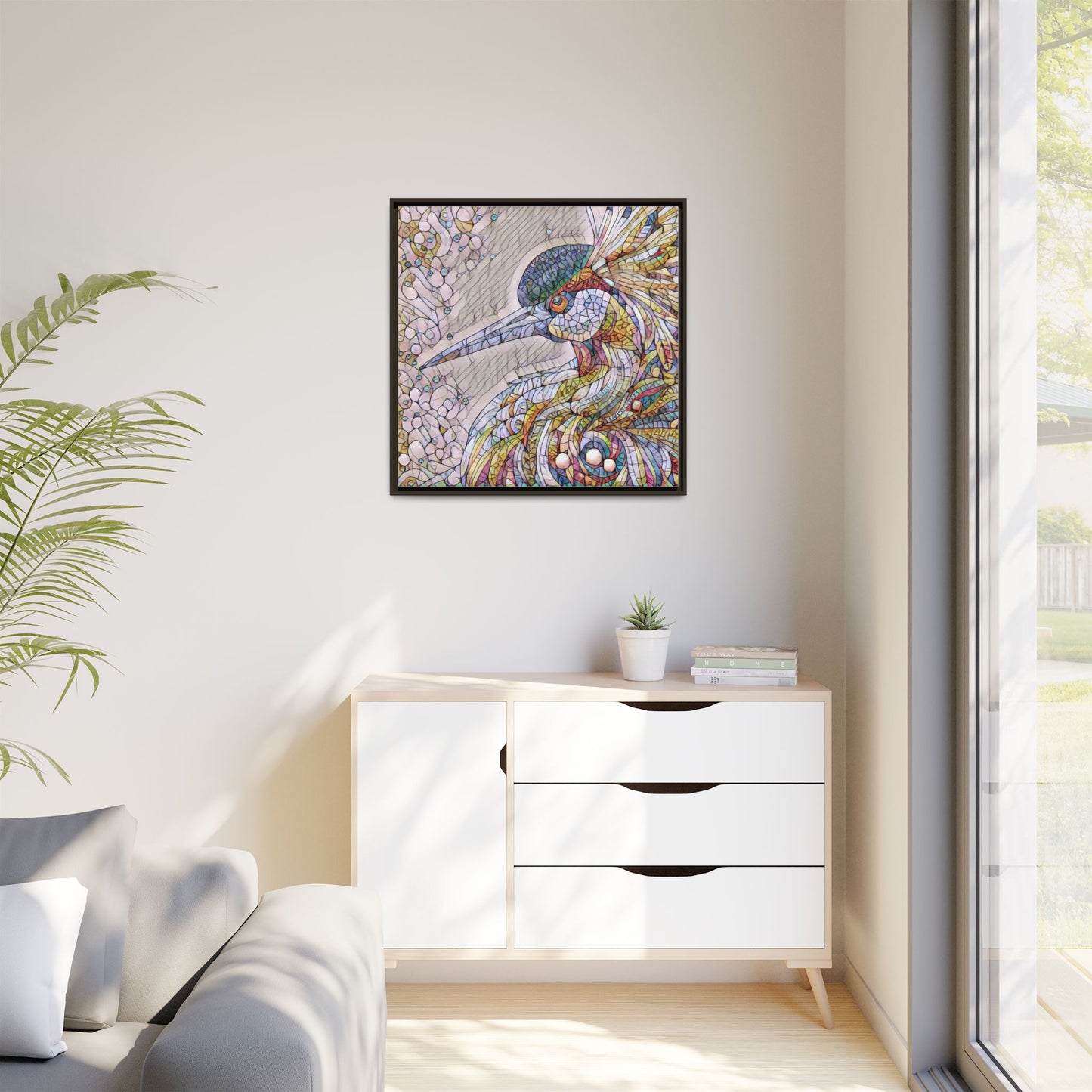 Colorful Stained-Glass Heron Matte Canvas Framed Wall Art