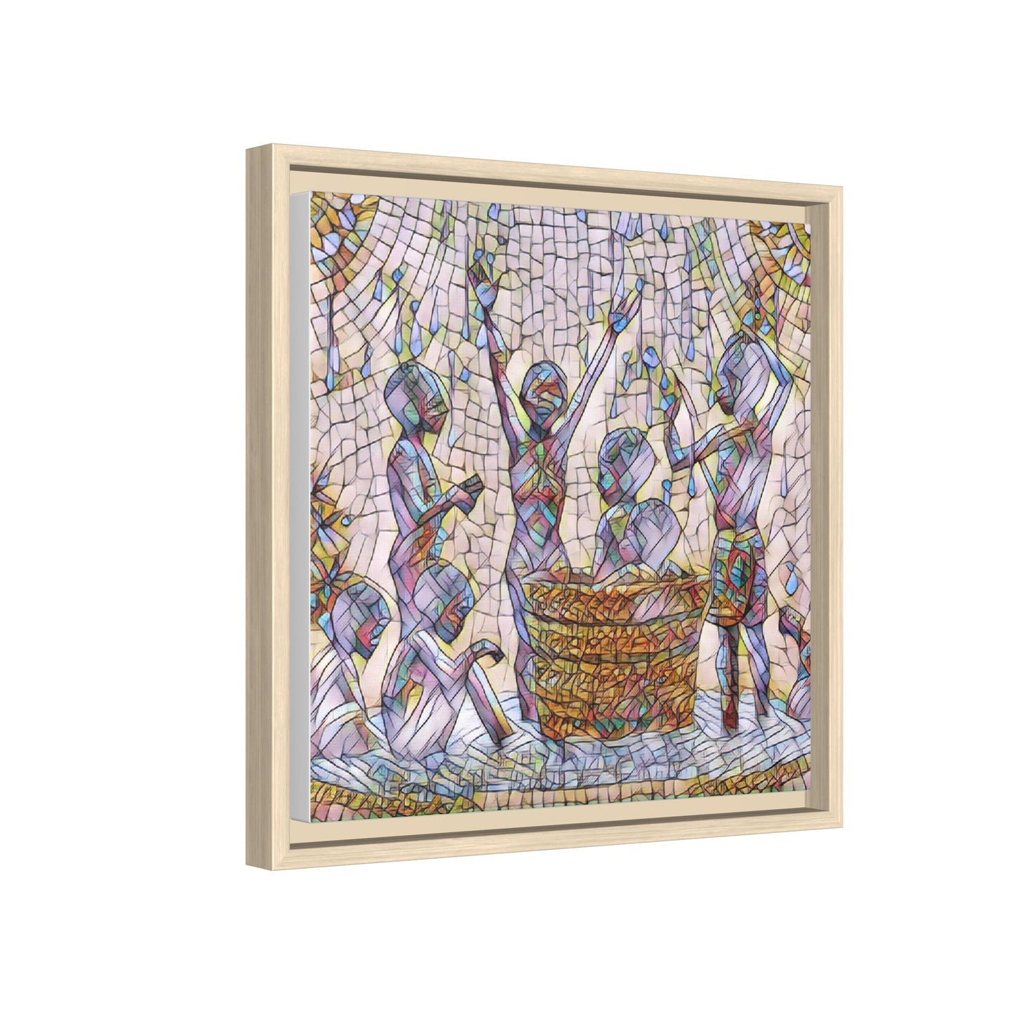 Framed Matte Canvas Art — Children Playing Mosaic Illustration