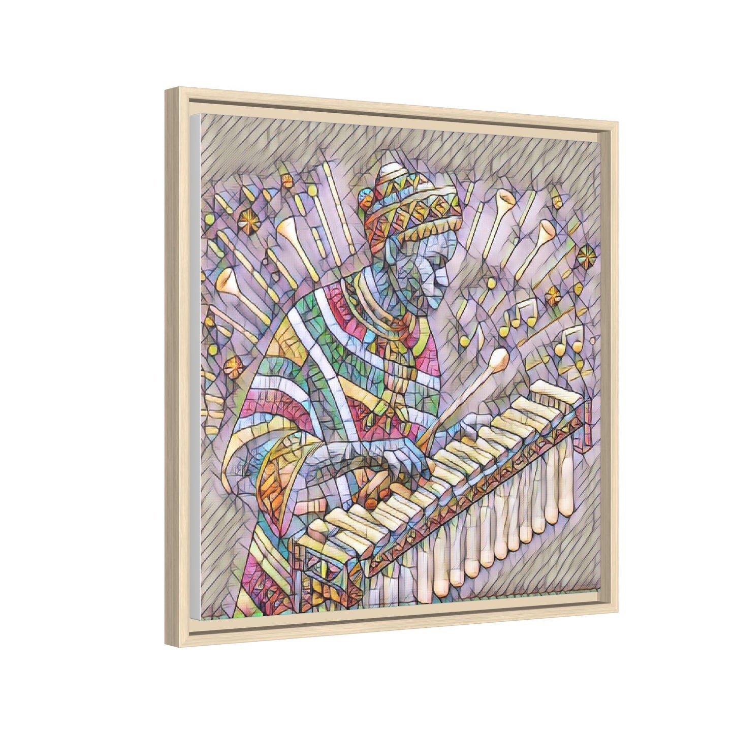 Colorful Marimba Musician Matte Framed Canvas — Vibrant African Instrument Wall Art