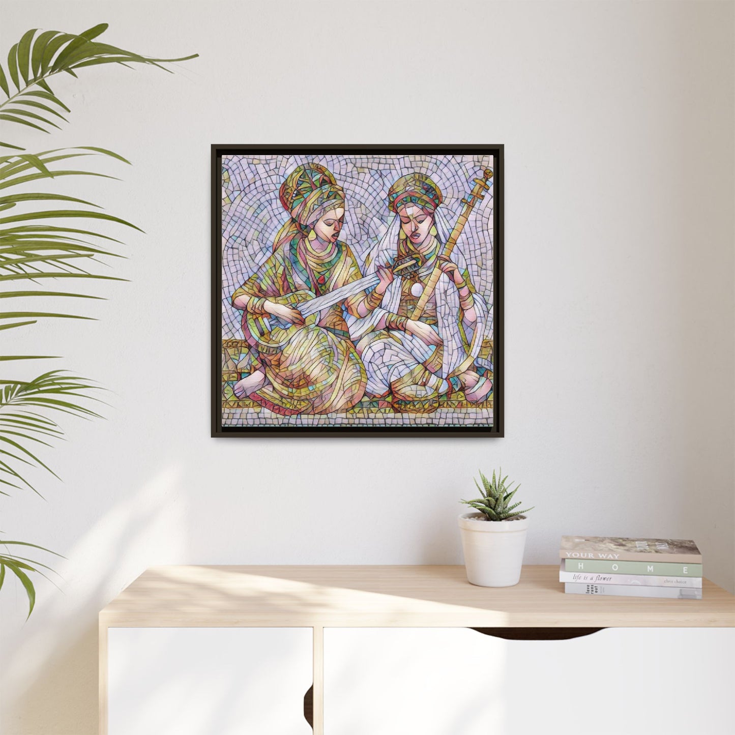 Framed Mosaic Art Print — Two Women Playing Lutes (Matte Canvas)