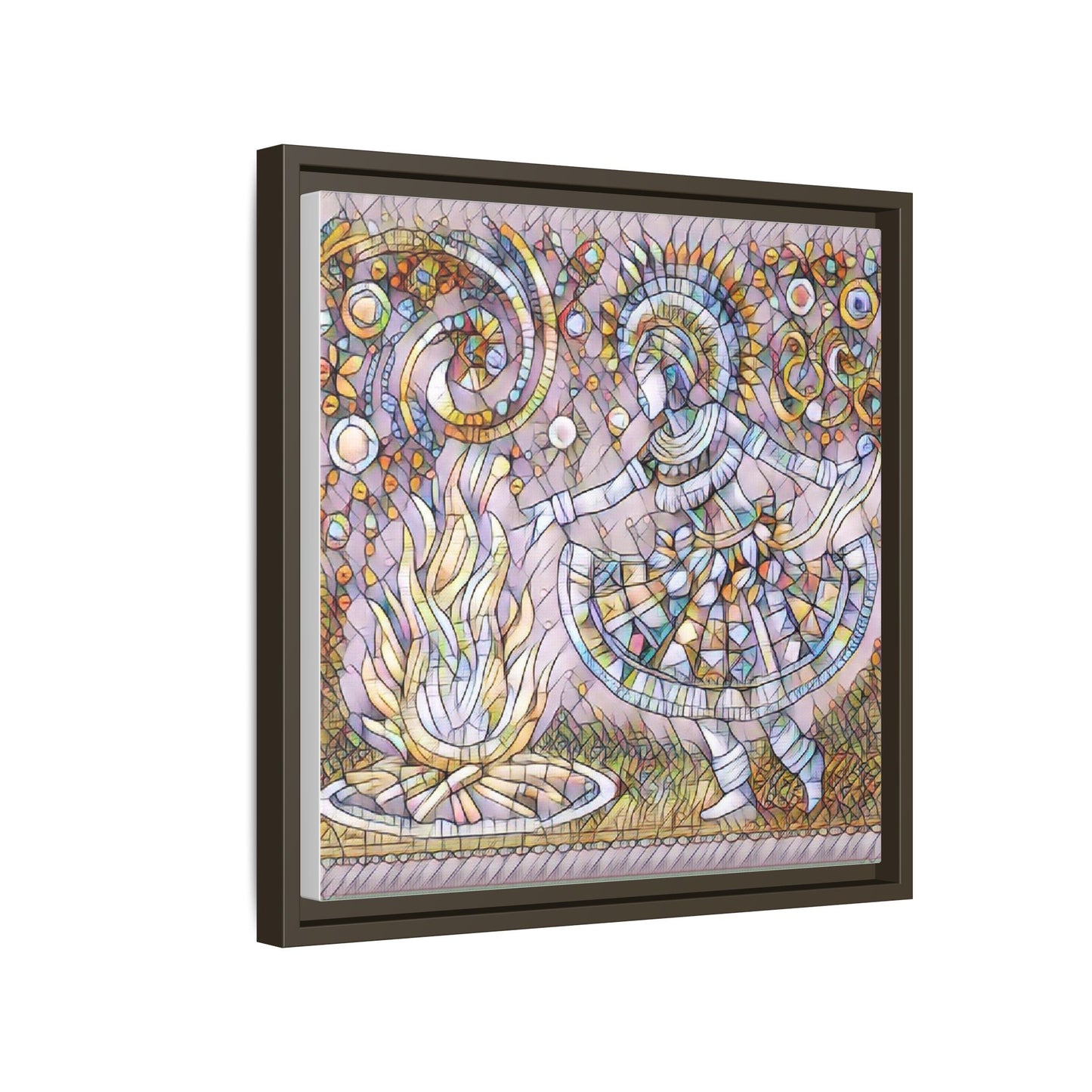 Bohemian Fire Dancer Framed Canvas Art — Colorful Folk Mosaic Wall Decor