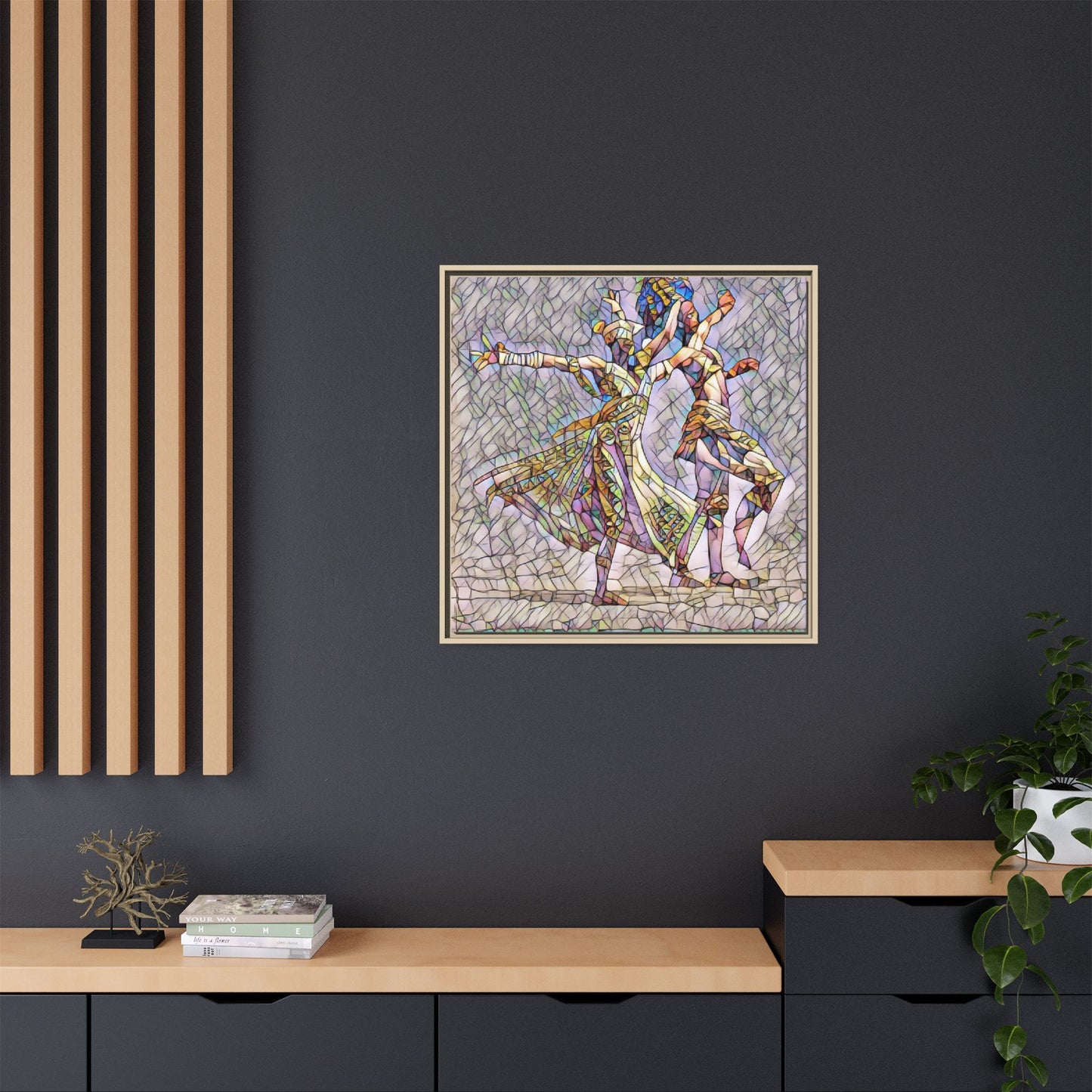 Framed Matte Canvas Wall Art — Abstract Dancers in Stained Glass Style