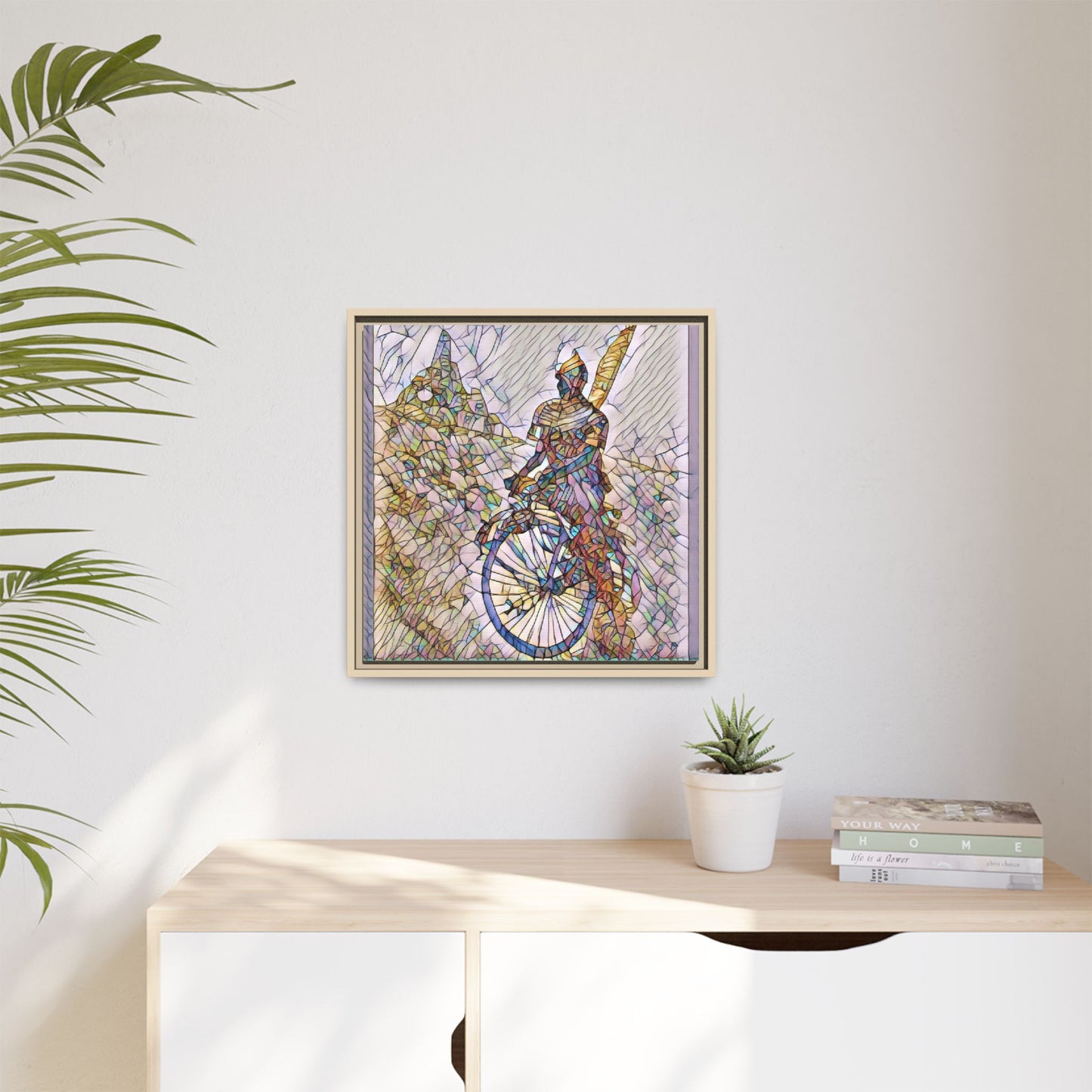 Cyclist Stained Glass Art Print — Framed Matte Canvas
