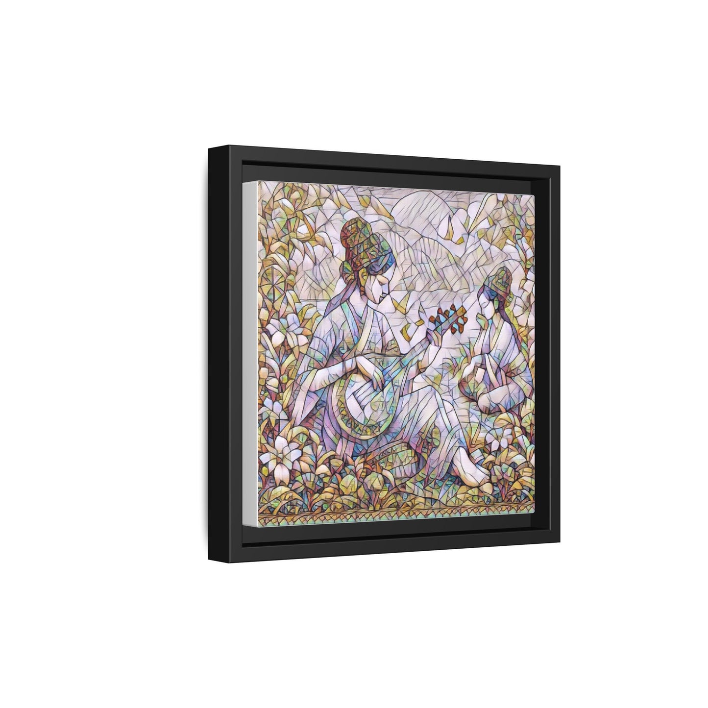Framed Matte Canvas Art - Vintage Asian Musicians Floral Illustration