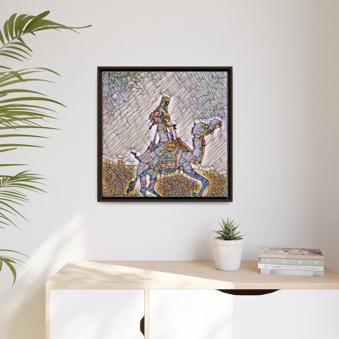 Framed Camel Rider Matte Canvas Art — Colorful Mosaic Desert Wall Decor