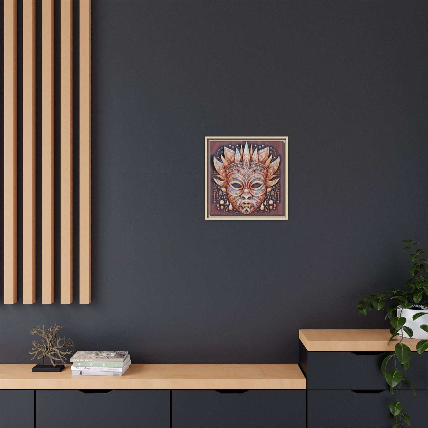 Tribal Sun Mask Framed Canvas Art — Boho Ethnic Wall Decor