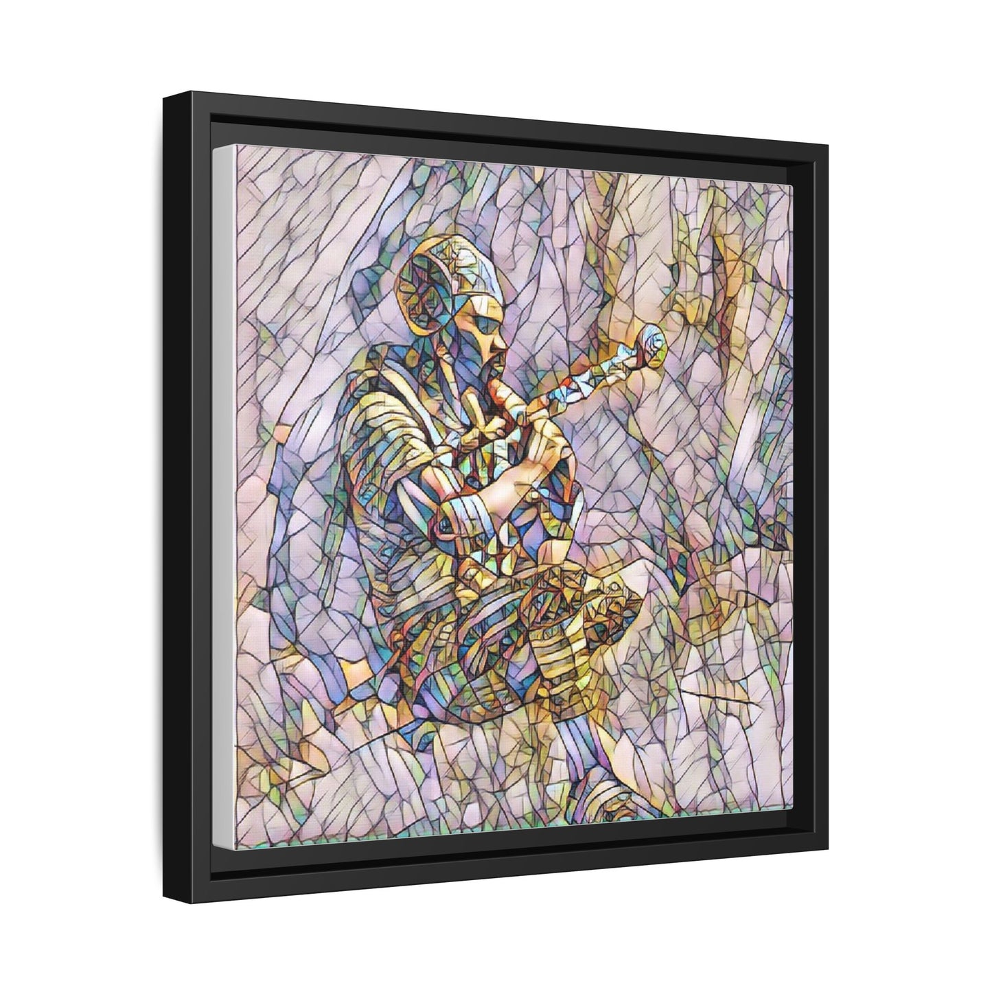 Celtic Piper Framed Matte Canvas — Stained-Glass Style Highland Bagpiper Art