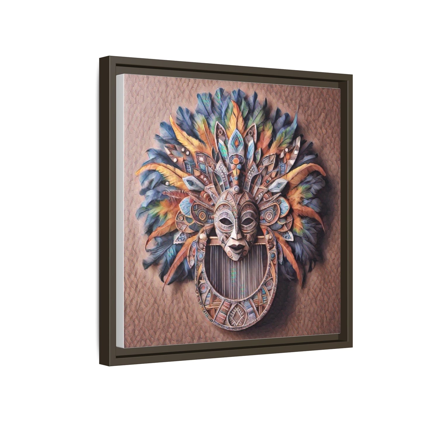 Tribal Feather Mask Framed Canvas Wall Art — Colorful Boho Decorative Print