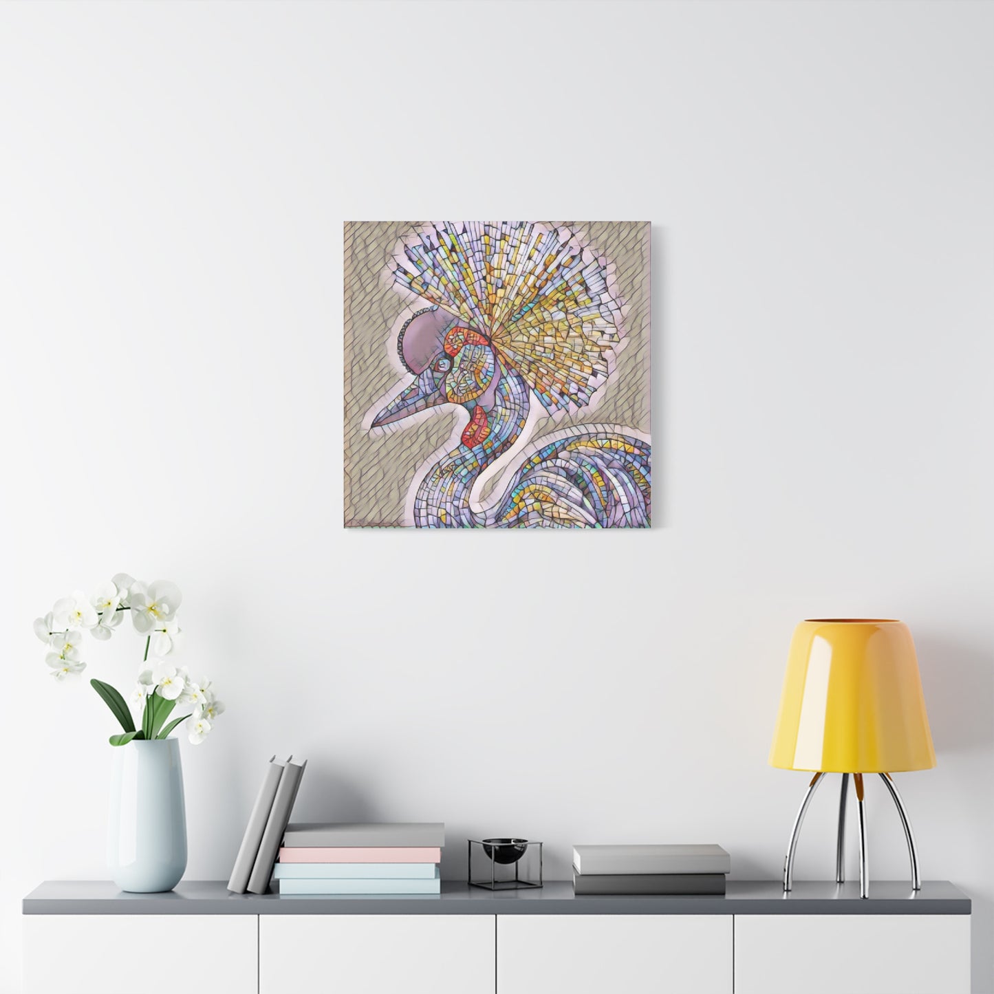 Colorful Mosaic Crowned Crane Canvas Wall Art — Stretched Matte Print
