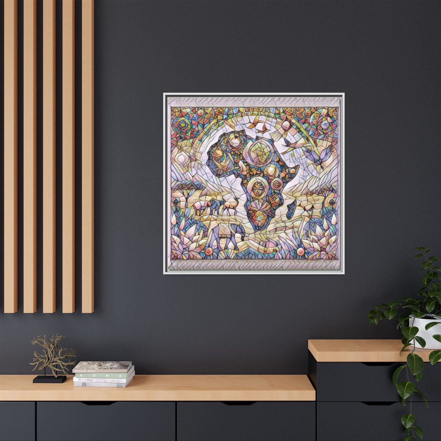 Abstract Mosaic Africa Framed Canvas — Colorful Stained-Glass Wall Art
